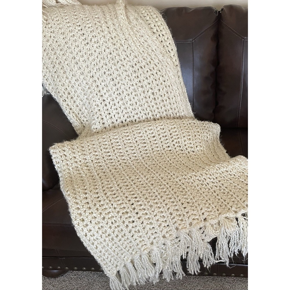 Ivory Off White Handmade Crochet Afghan Throw Blanket Very Soft 66"x 85" Fringe